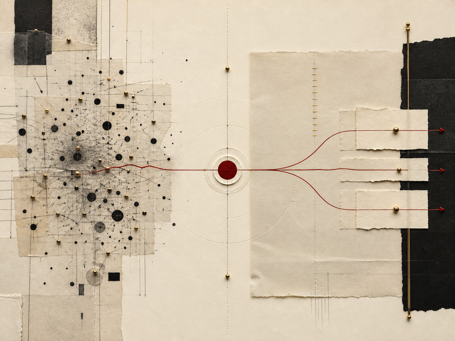 Abstract editorial artwork showing complex observations becoming a focused signal and practical directions