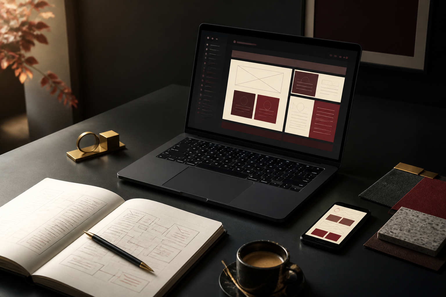 Creative developer workspace with interface sketches