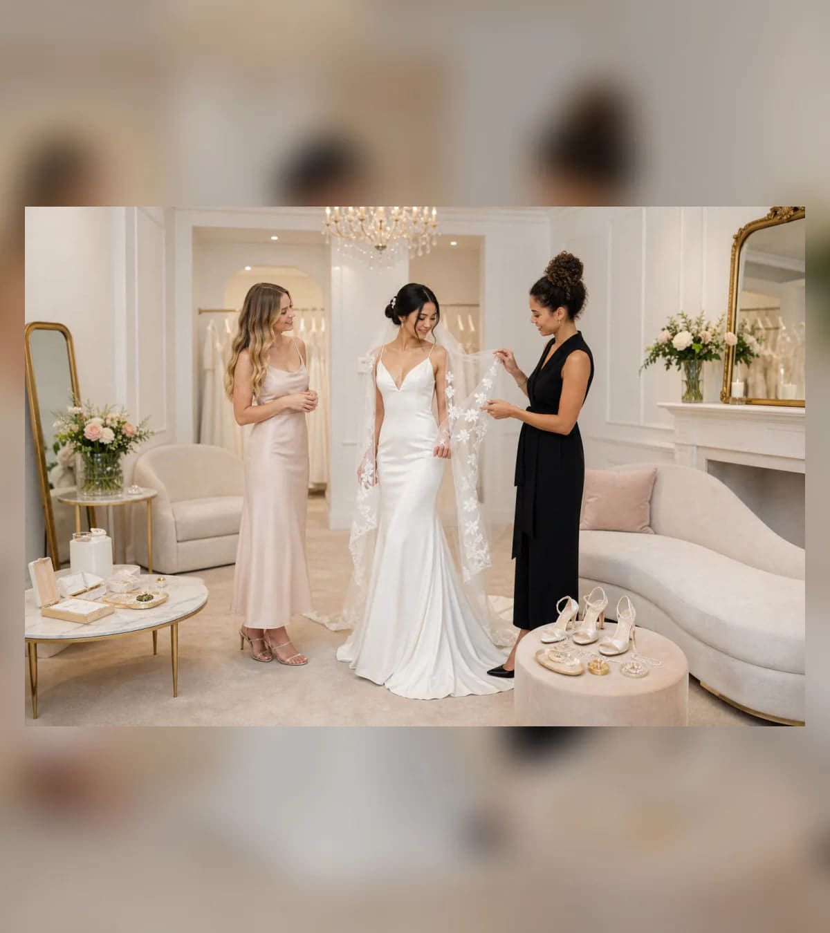 A bride and stylist considering accessories in the bridal studio