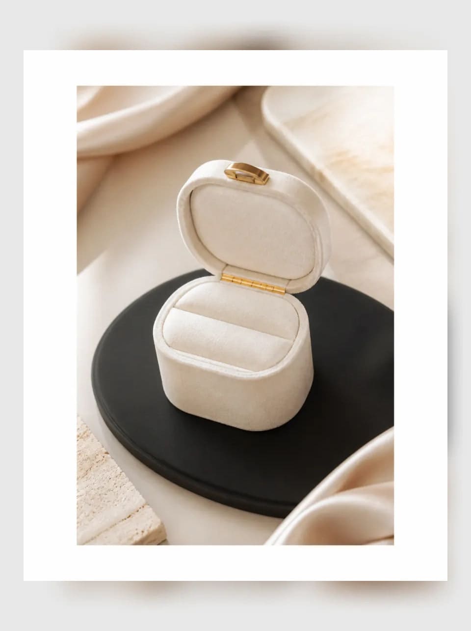 Genevieve Velvet Ring Box — complete product view showing its overall form and proportion in Ivory velvet