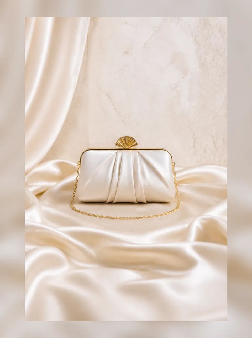 Lucia Satin Clutch — complete product view showing its overall form and proportion in Ivory