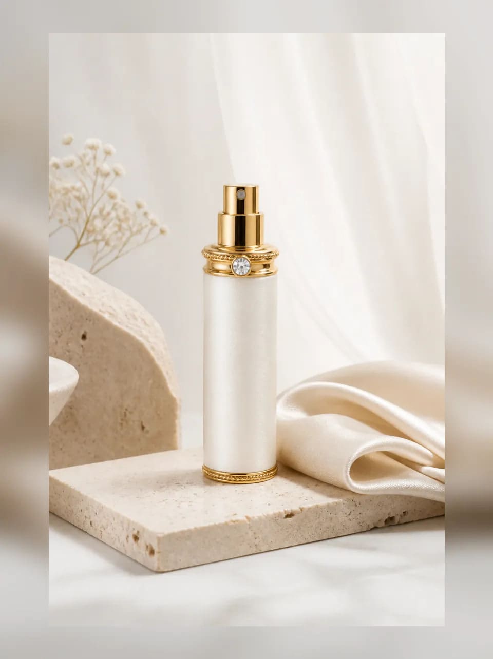 Marguerite Satin Perfume Atomizer — complete product view showing its overall form and proportion in Ivory satin