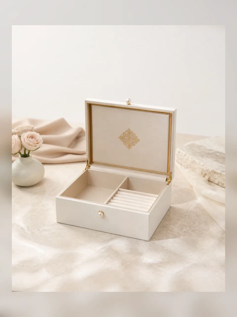 Seraphine Keepsake Box — complete product view showing its overall form and proportion in Ivory velvet