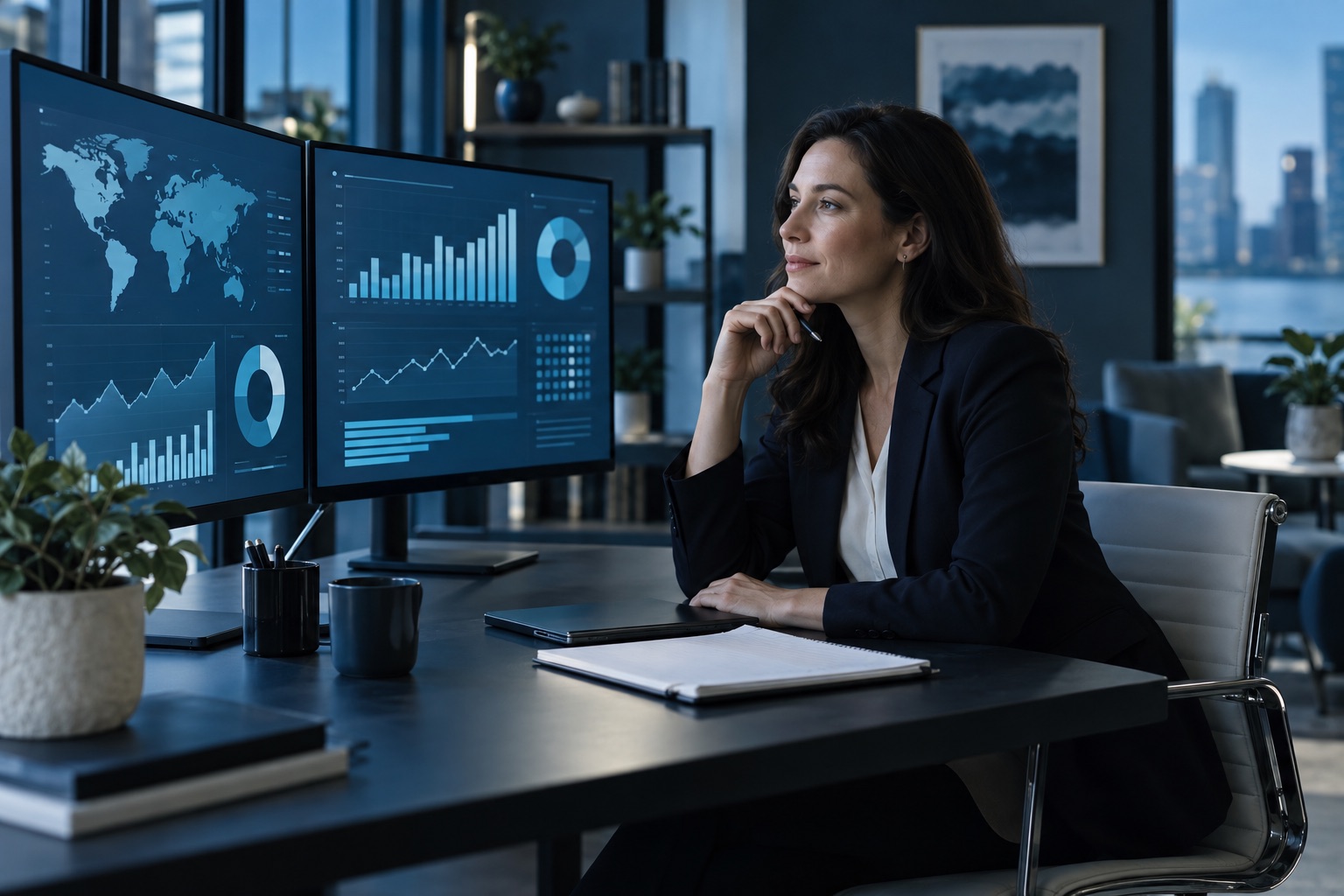 An analyst reviewing blue data dashboards in a modern workspace