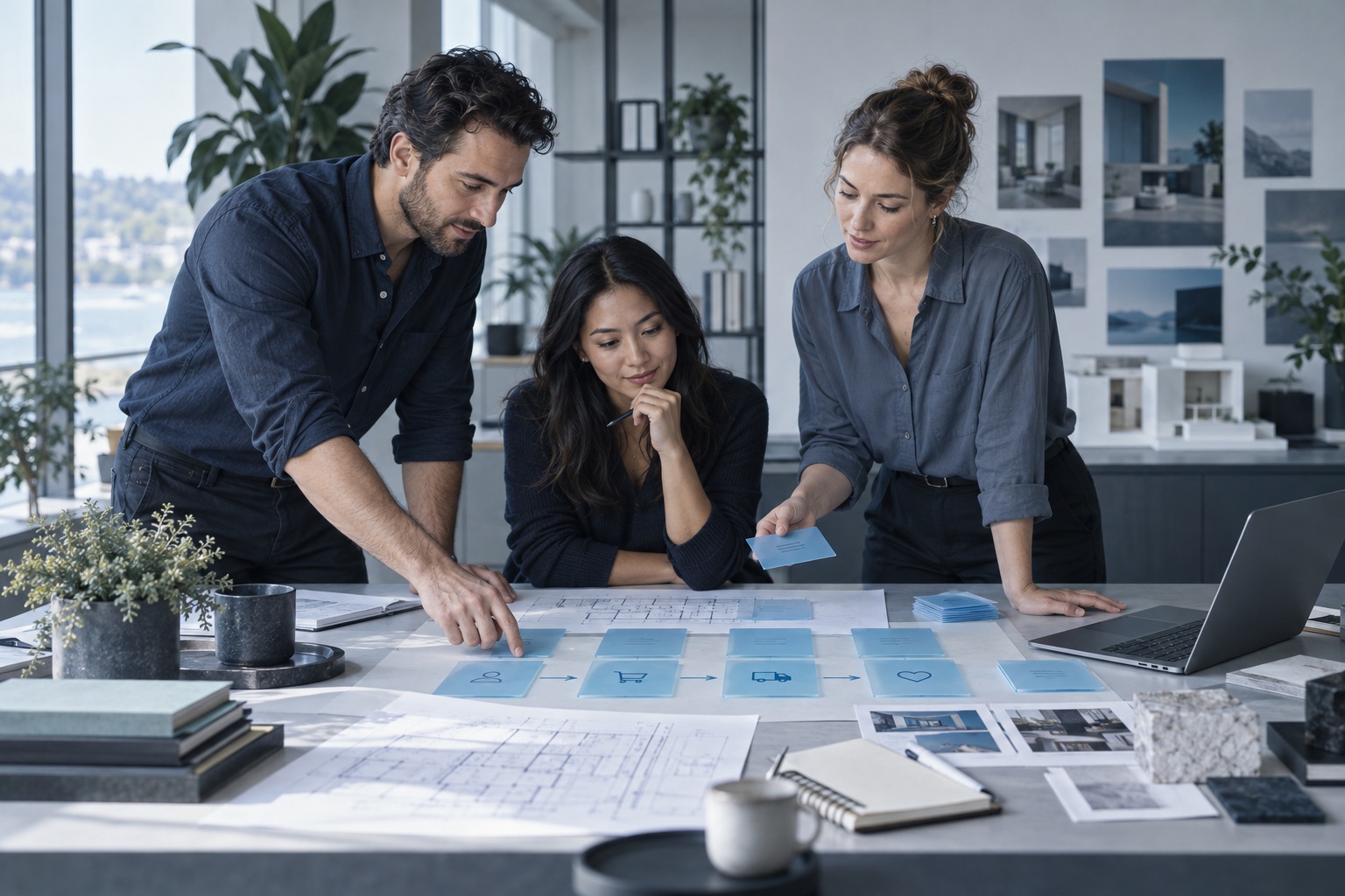 Three professionals mapping a connected business workflow in a modern operations workspace.