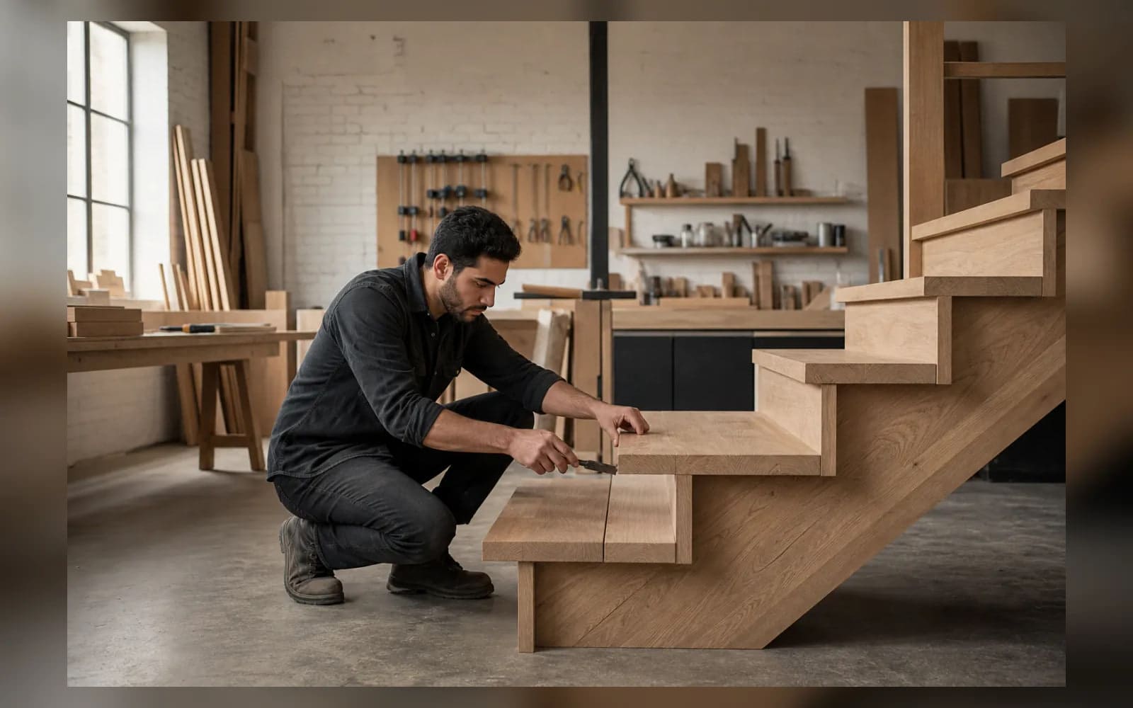 Concept image: Craftsperson aligning a custom white oak stair detail