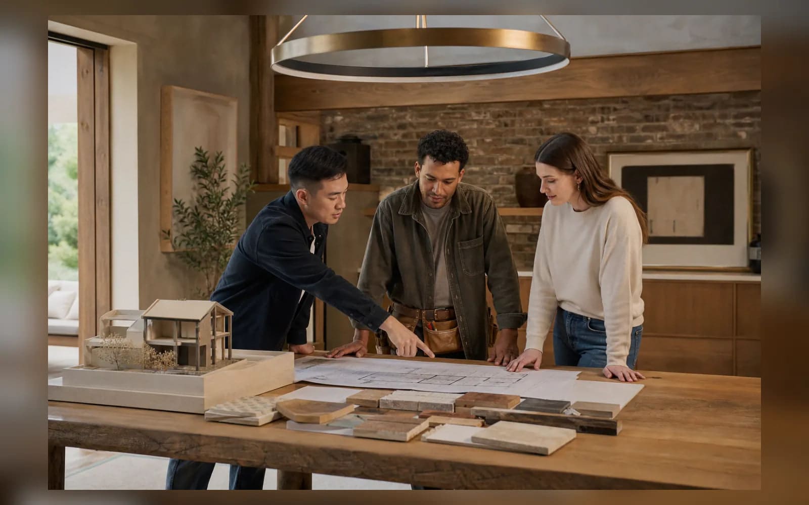 Concept image: Architect and builder reviewing plans, a model, and materials