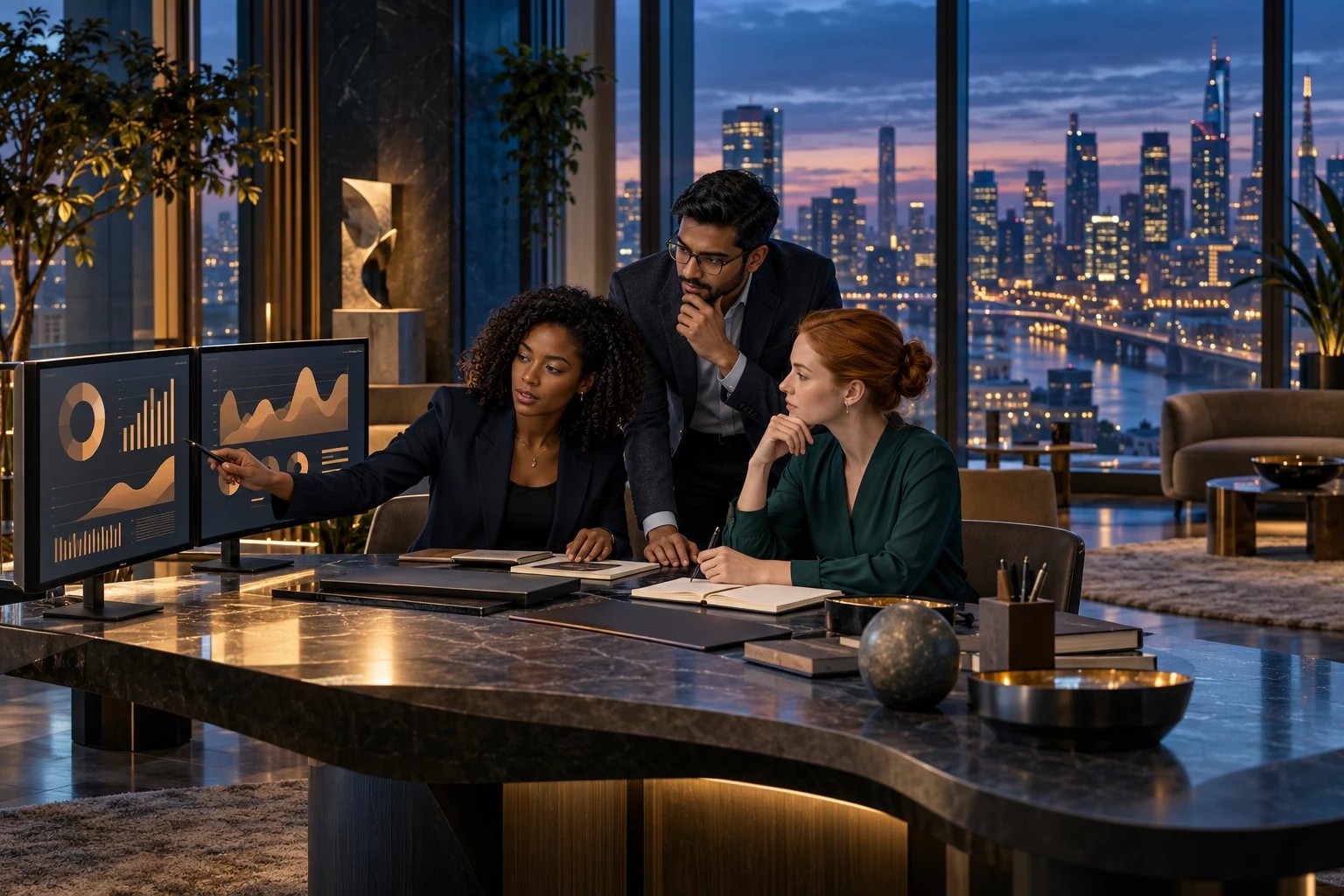 Conceptual illustration of a finance planning discussion; not Arc Ledger staff