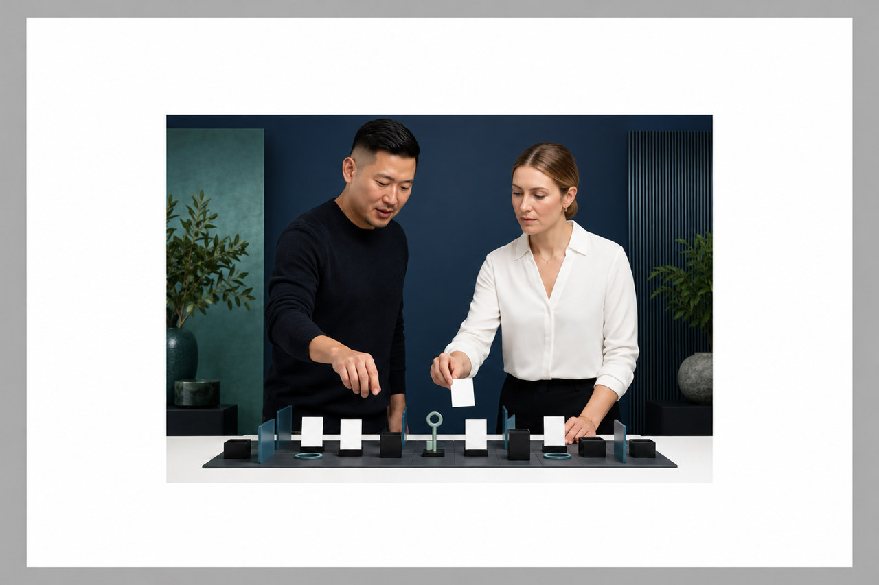 Hands testing a mobile interface with the same hierarchy visible on larger screens