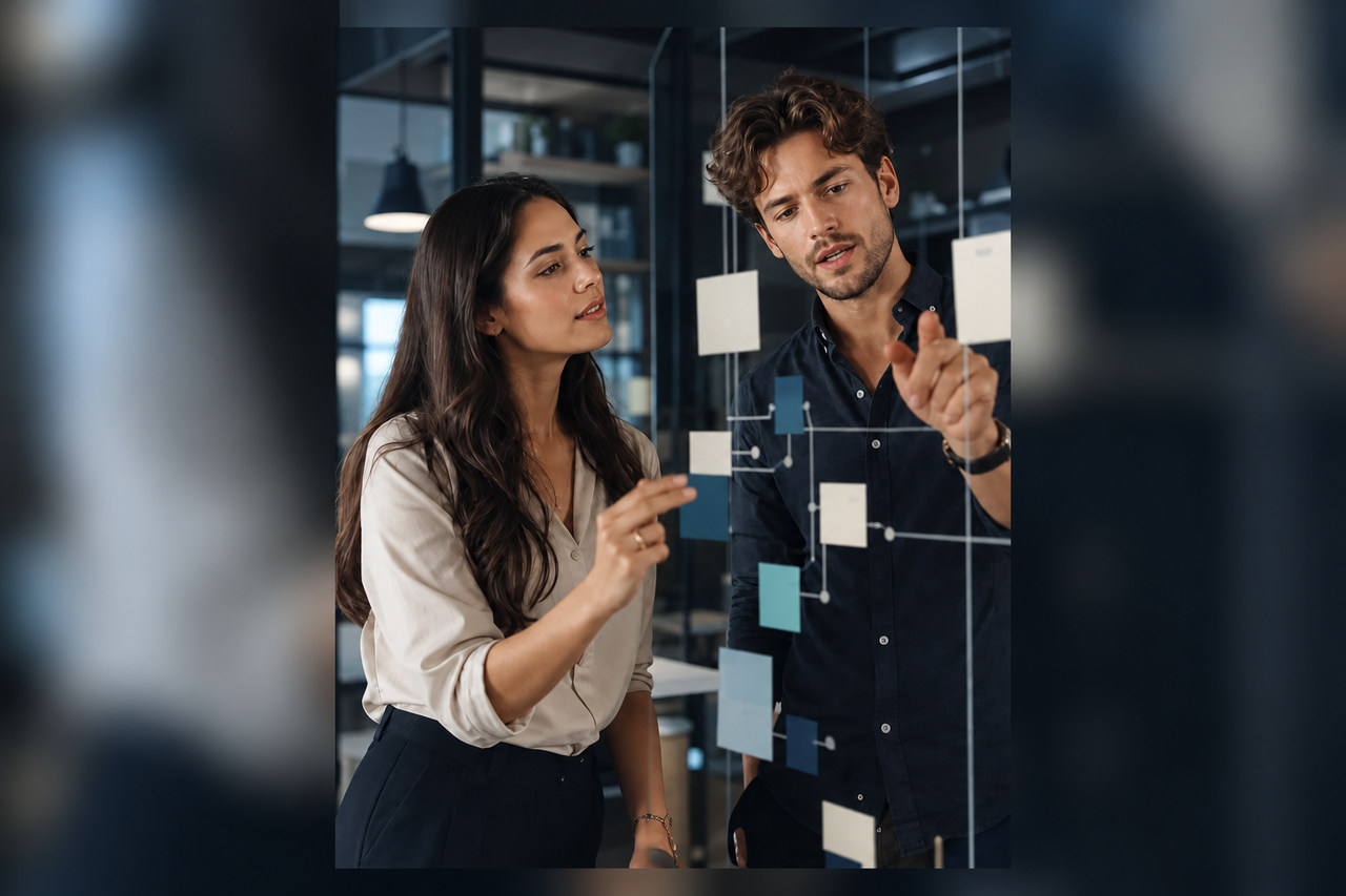 Two young professionals pressure-testing an accountable AI workflow on a transparent planning board