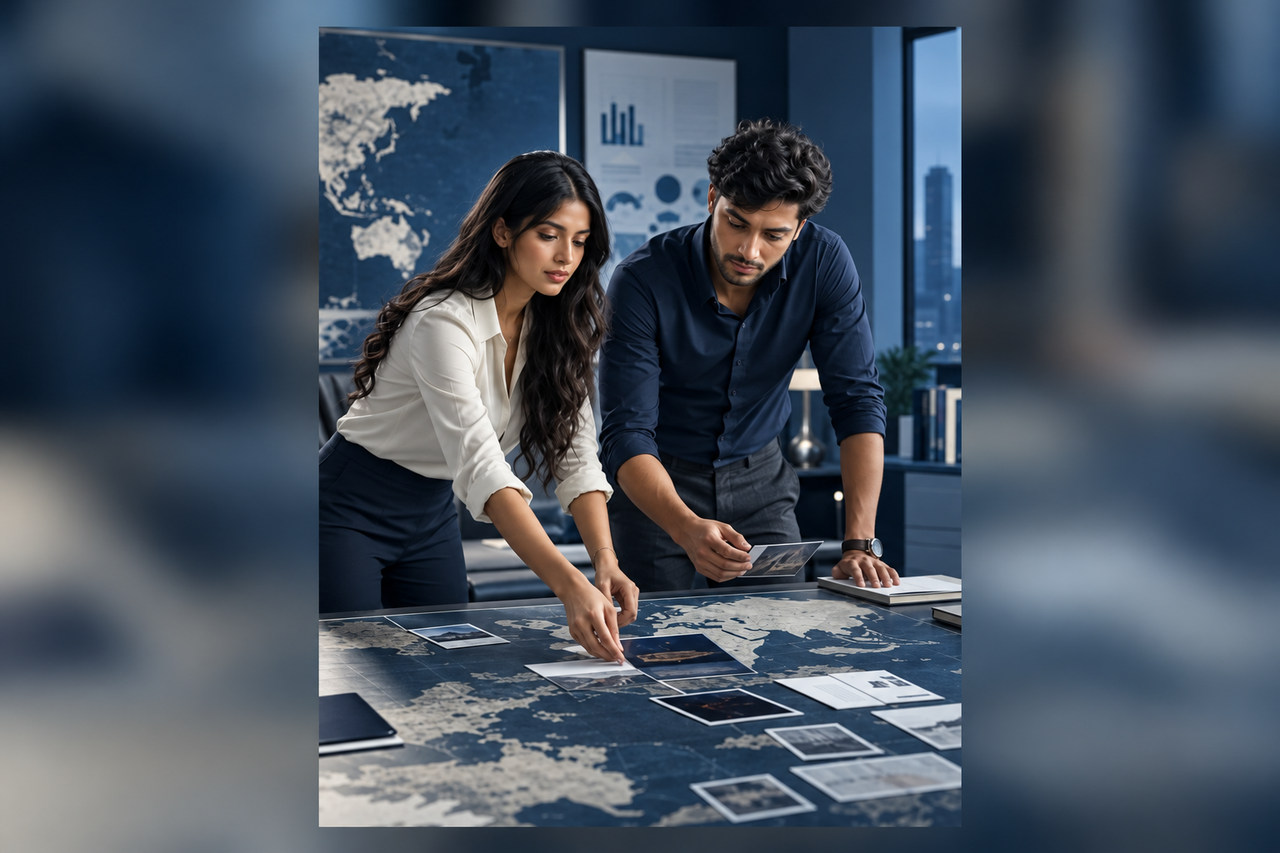 Two young strategists translating maps, records, and evidence into a clear decision