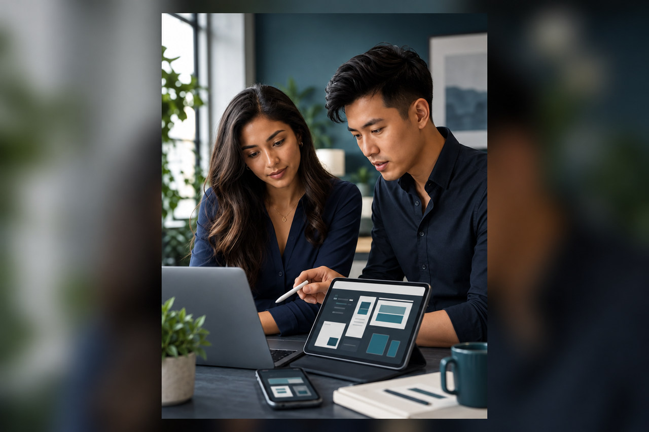 A young designer and engineer refining a resilient connected website experience across devices