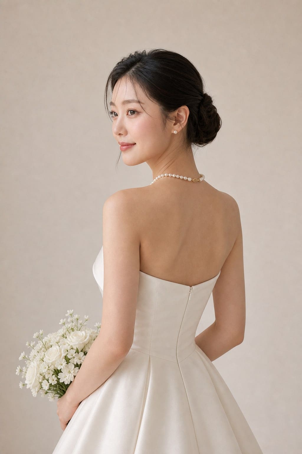 Amara Pearl Necklace — Amara pearl necklace in 16 in, rear three-quarter view showing the low-profile clasp and natural drape