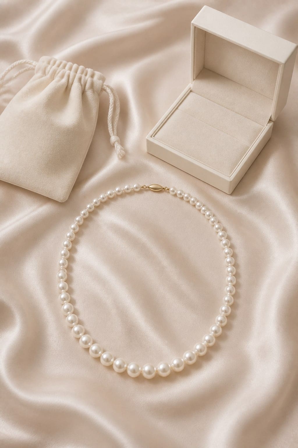 Amara Pearl Necklace — Amara pearl necklace in 16 in, complete necklace, keepsake box, and care pouch presentation