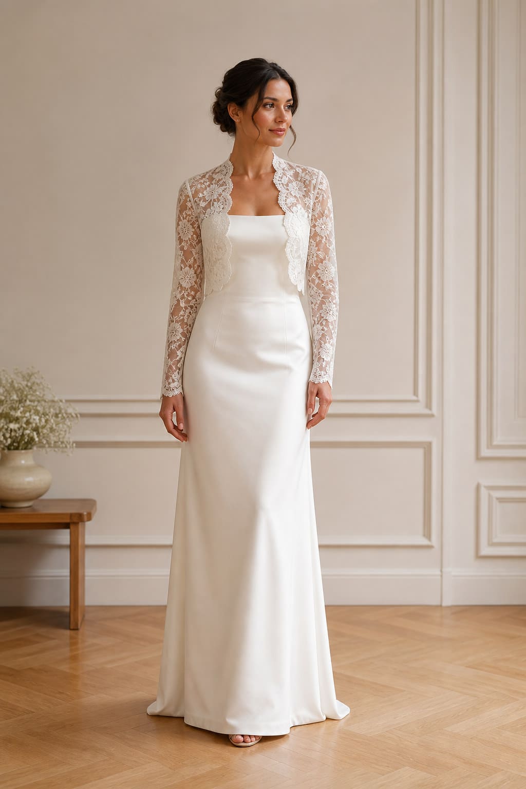 Margot Lace Bolero — editorial in-context view showing soft floral lace with covered back closures and a scalloped edge