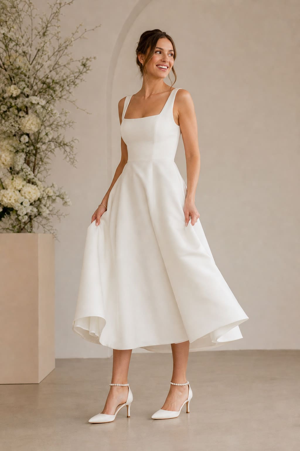 Noelle Satin Heels — editorial in-context view showing ivory satin with a pearl-detailed ankle strap