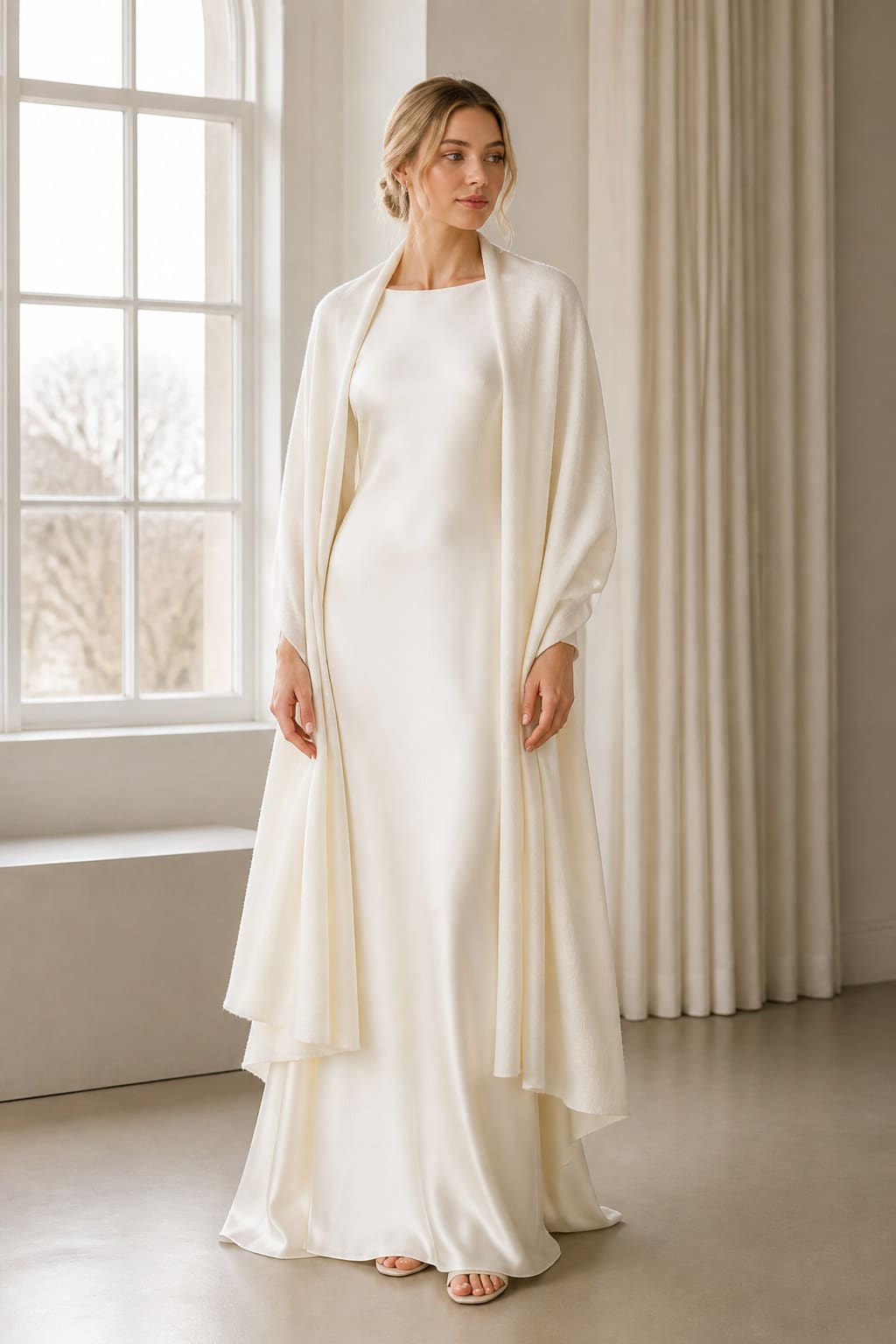 Sabine Cashmere Bridal Wrap — editorial in-context view showing lightweight cashmere-touch knit with a clean, unfringed edge