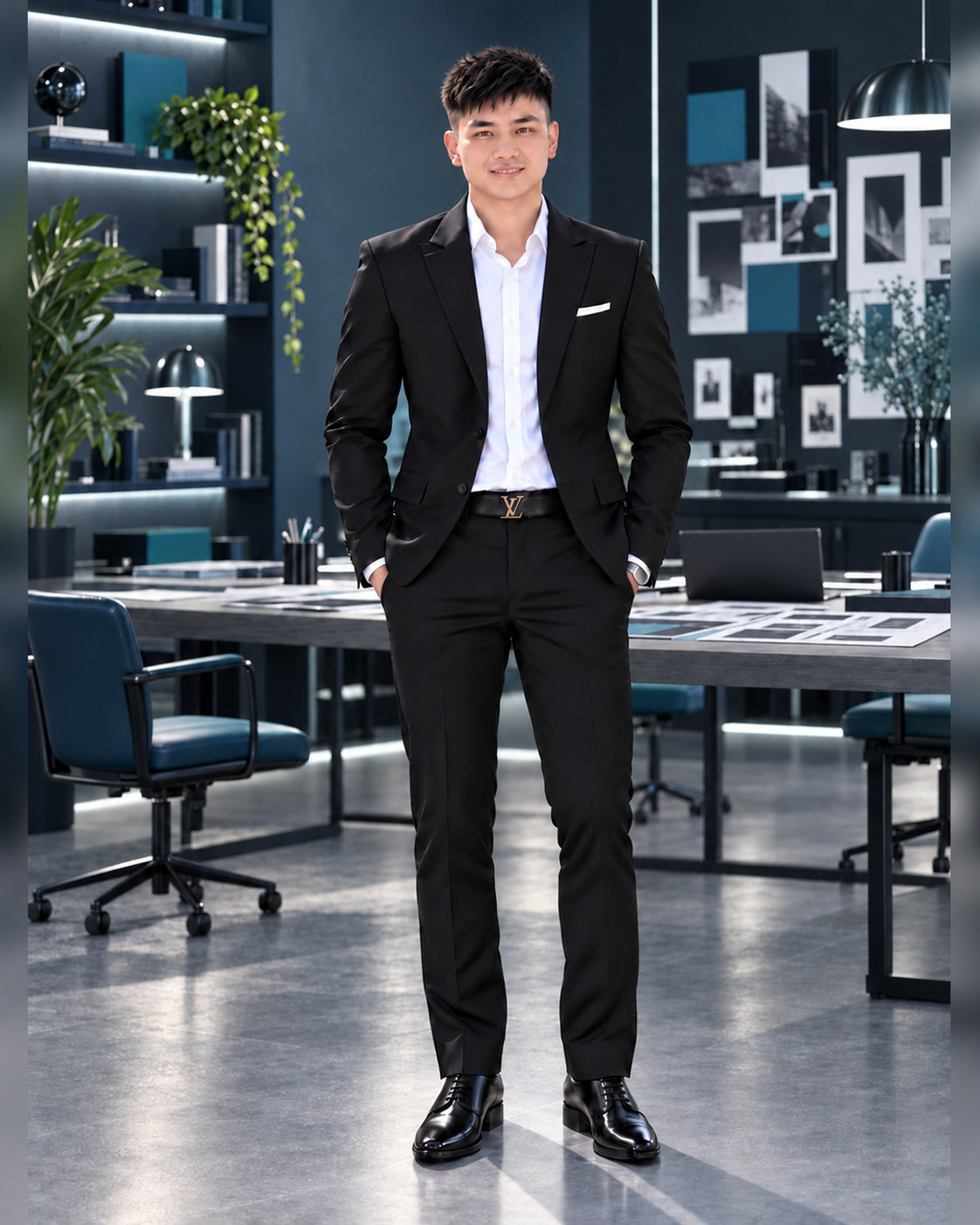 Editorial portrait of Van Kpa in a charcoal suit against a softly textured background