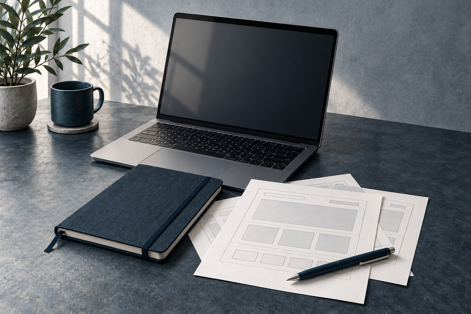 Editorial still life of a laptop, notebook, and website planning sketches