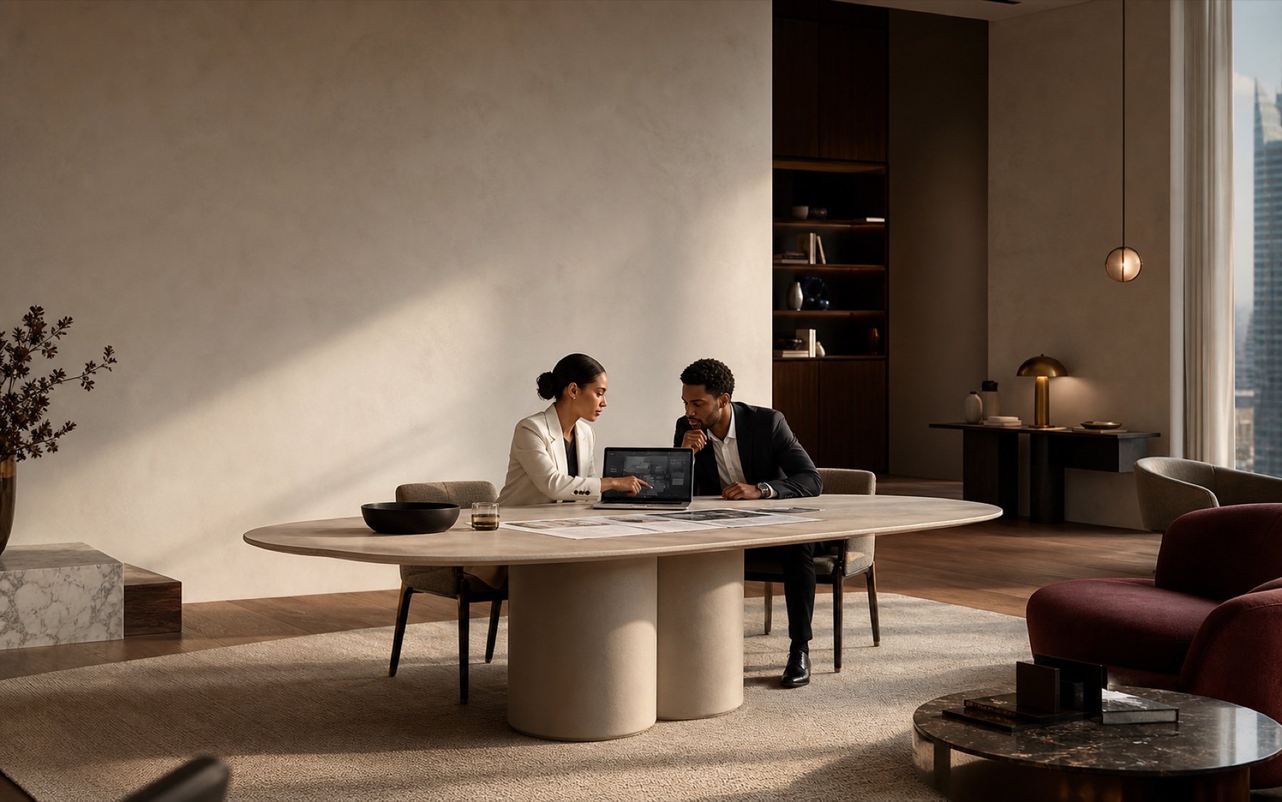 Professionals discussing a digital product strategy in a modern consultation studio