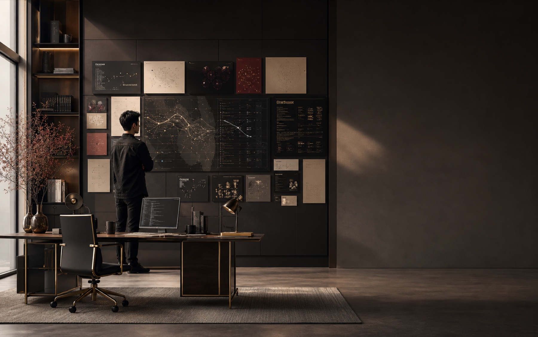 A technology professional reviewing a layered digital systems map